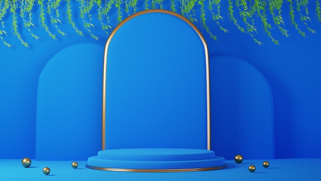 3d de podio azul y oro. Fondo con composición geométrica, soporte semicircular. Diseño moderno.