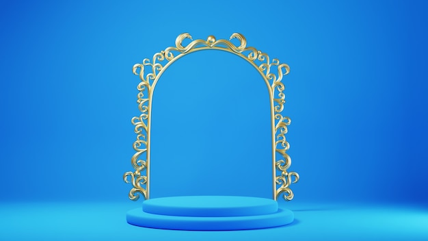 3d de podio azul y oro. Fondo con composición geométrica, soporte semicircular. Diseño moderno.