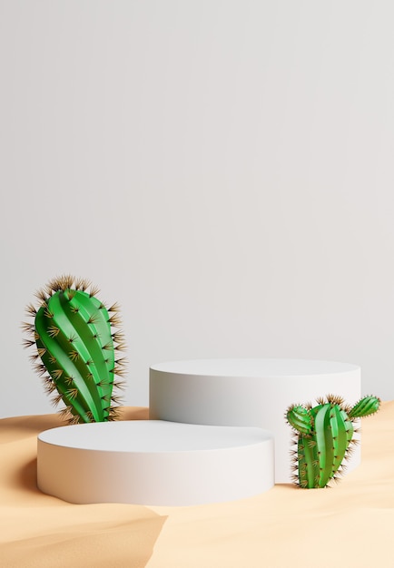 3d de podio con cactus, arena para la exhibición de su producto