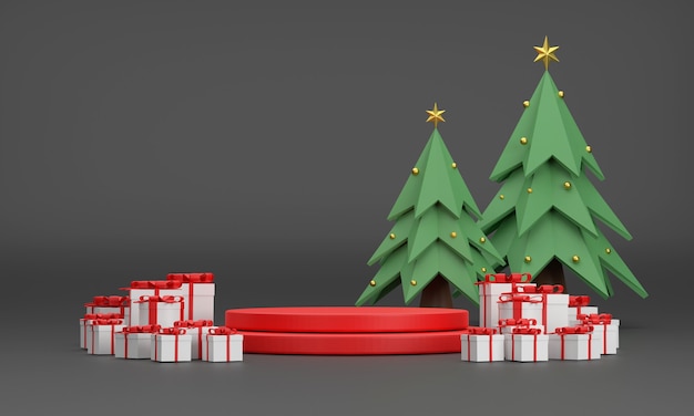 3D. pódio, caixa de presente, árvore de Natal no Natal e no Ano Novo em um fundo preto