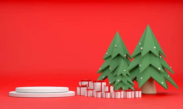 3D. Podio, caja de regalo, árbol de Navidad en Navidad y año nuevo sobre fondo rojo.