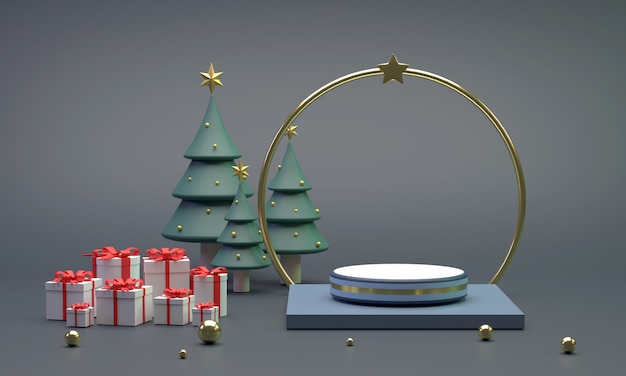 3D. Un podio circular cerca de un anillo con estrellas, marco de fotos, árbol de Navidad y caja de regalo.