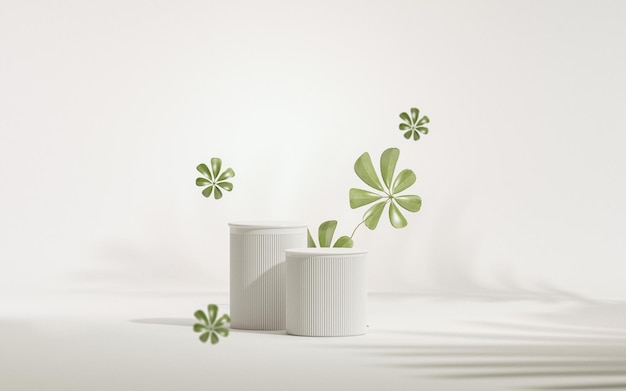 3D pódio exibir fundo verde e branco com queda de folhas verdes 3d render