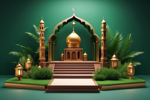Foto 3d pódio islâmico marrom moderno em fundo verde com mesquita de lanterna
