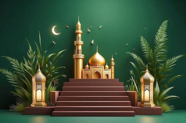 3d pódio islâmico marrom moderno em fundo verde com mesquita de lanterna