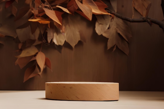 3D de un podio de productos de madera sobre una mesa con un fondo frondoso detrás