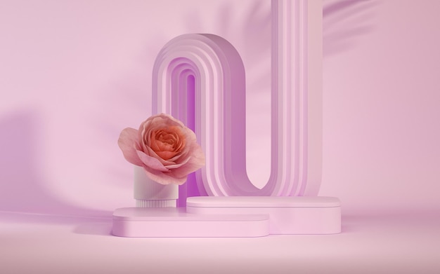 3D-Podium auf pastellviolettem Hintergrund mit Geschenken Rose und Blase für Frauentag 3D-Rendering