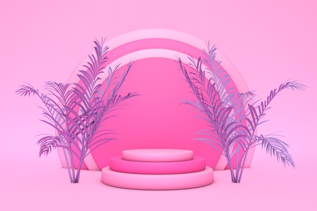 3D-Podium auf rosa Pastellhintergrund und violettem Palmenblatt