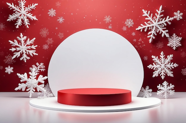 3d Podium blanco vacío sobre fondo rojo de invierno con nieve Ilustración vectorial