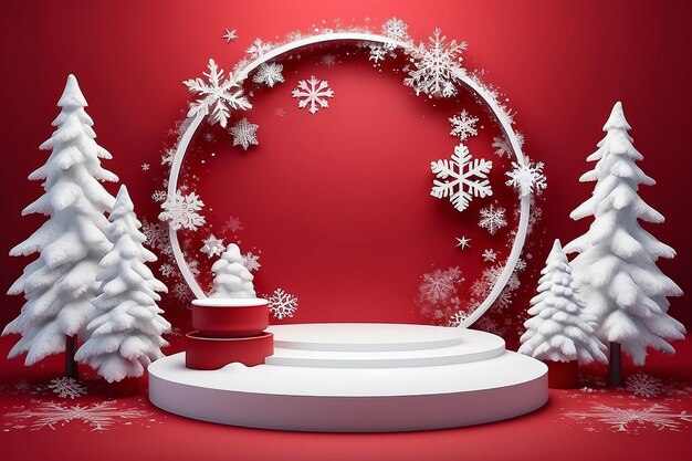 Foto 3d podium blanco vacío sobre fondo rojo de invierno con nieve ilustración vectorial