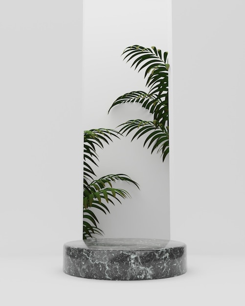 3D Podium Branco com Mármore e Planta