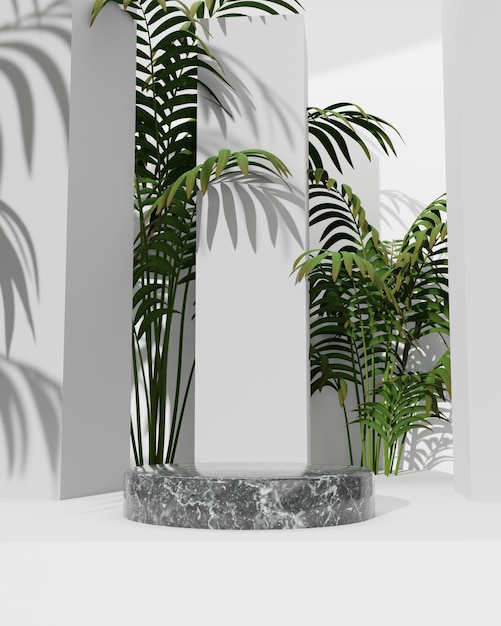 3D Podium Branco com Mármore e Planta