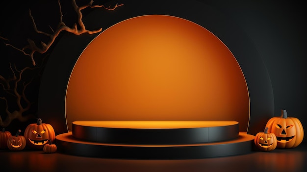 3D-Podium für die Ausstellung von Produkten für die Produktmarkierung mit Pumpkin Halloween-Themen-Hintergrund