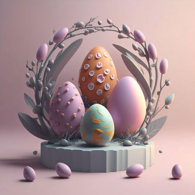 3D-Podium mit Kaninchenohren und Ostereiern Bühne mit einem Sockel auf rosa Hintergrund