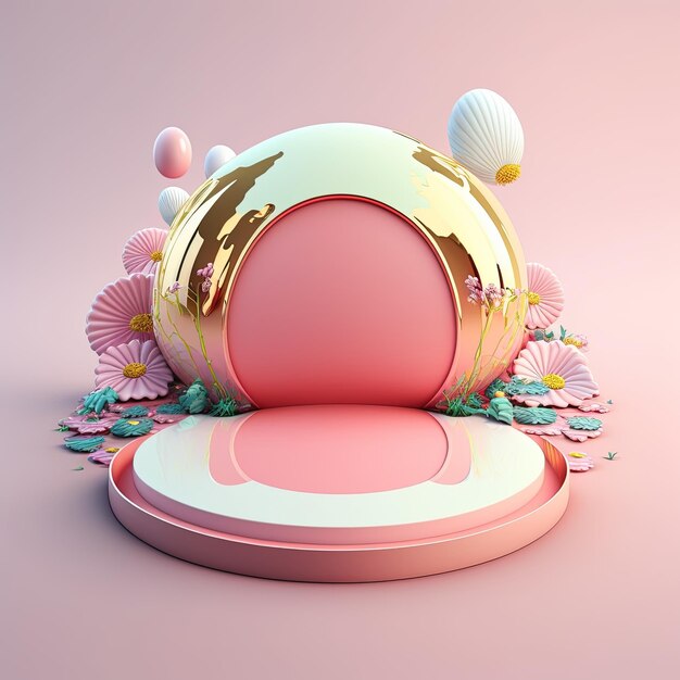 3D-Podium mit rosafarbenen Illustrationen, dekoriert mit glänzenden Eiern und Blumen für die Produktpräsentation am Ostertag