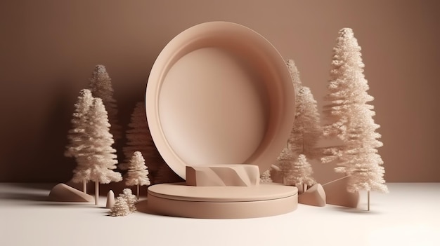 3D-Podium mit Weihnachtsbaumhintergrund für das Produkt Generative KI