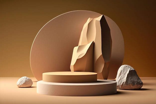 3D-Podium-Stein-Display auf braunem Hintergrund Beigefarbener Rock-Kosmetik-Schönheitsprodukt-Werbesockel mit Sonnenschatten-KI-Generation
