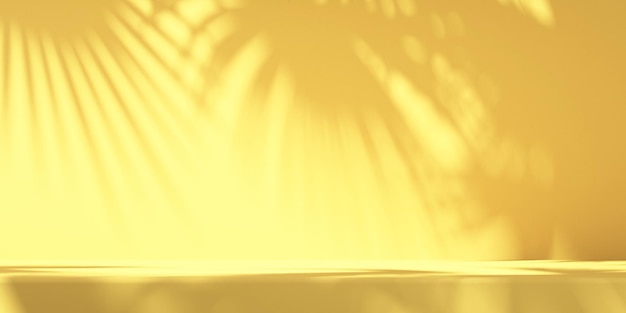 3D-Podiumsanzeige für grüne und gelbe Produkte mit orangefarbenem Hintergrund und BaumschattenSommerprodukt-Mockup-Hintergrund3D-Darstellung