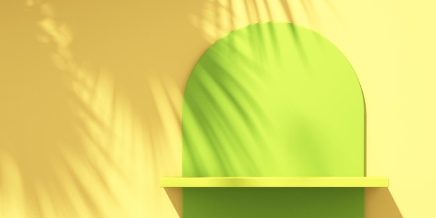 3D-Podiumsanzeige für grüne und gelbe Produkte mit orangefarbenem Hintergrund und BaumschattenSommerprodukt-Mockup-Hintergrund3D-Darstellung