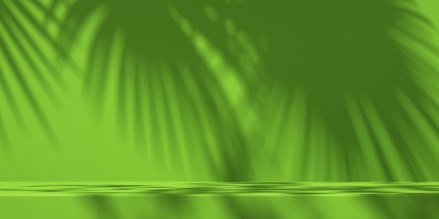 3D-Podiumsanzeige für grüne und gelbe Produkte mit orangefarbenem Hintergrund und BaumschattenSommerprodukt-Mockup-Hintergrund3D-Darstellung