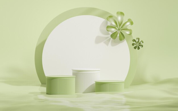 3D-Podiumsanzeige grüner und weißer Hintergrund mit fallenden grünen Blättern 3D-Rendering