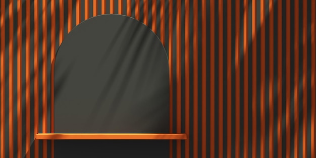 3D-Podiumsanzeige in Schwarz und Orange mit Baumschattenhintergrund Halloween-Produktmockup-Hintergrund 3D-Darstellung