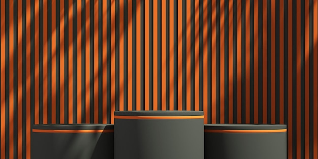 3D-Podiumsanzeige in Schwarz und Orange mit Baumschattenhintergrund Halloween-Produktmockup-Hintergrund 3D-Darstellung