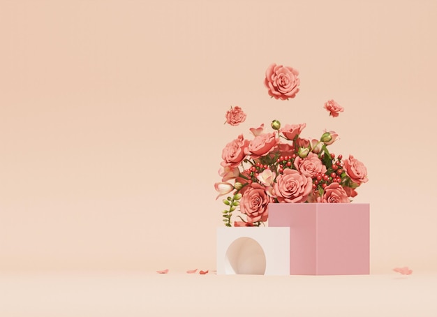 3D-Podiumsanzeige pastellbeiger Hintergrund mit Rosenblüte und Palmblatt 3D-Rendering