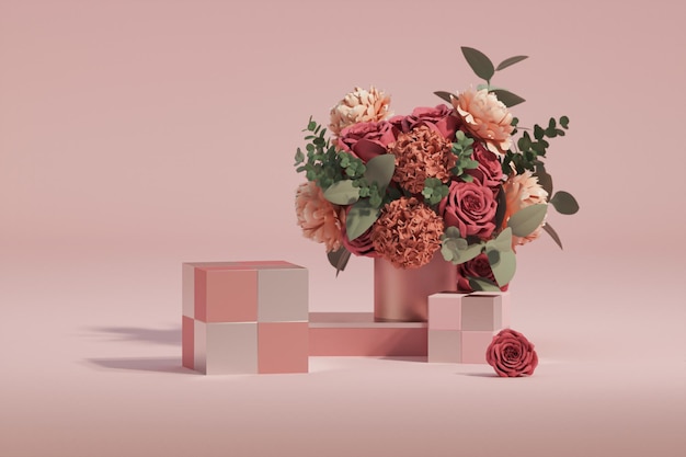 3D-Podiumsanzeige, pastellrosa Hintergrund mit Geschenkrosenblumen. Pfingstrosenblüte und Palmblatt