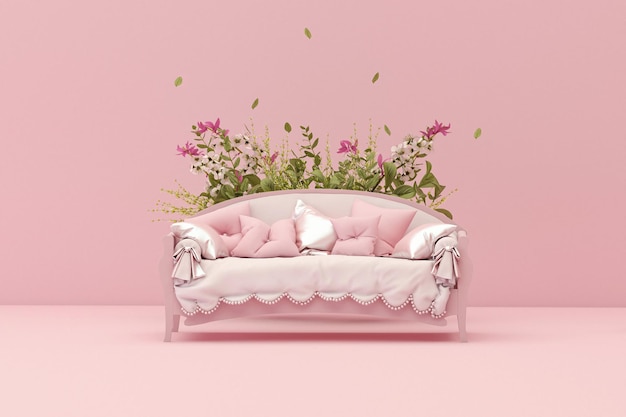 3D-Podiumsanzeige, pastellrosa Hintergrund mit Sessel, Blumen und Palmblattschatten.