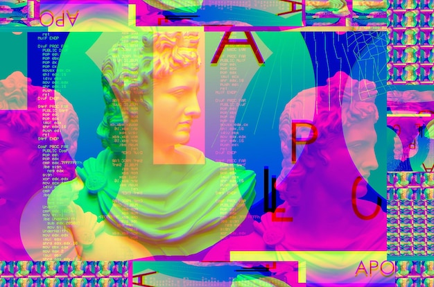 3D-Porträt eines Apollo mit Glitch-Effekt im Cyberpunk-Stil