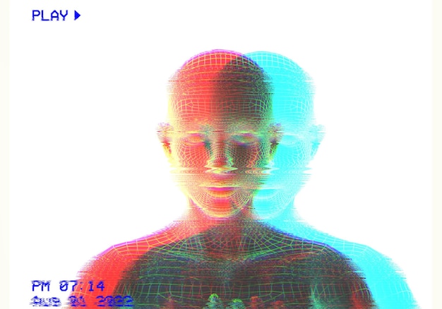 3D-Porträt eines Mannes mit Glitch-Effekt Cyberpunk-Stil Konzeptbild der künstlichen IntelligenzVirtuelle Realität Deep Learning und Gesichtserkennungssysteme