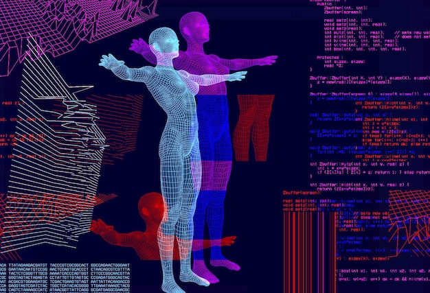 3D-Porträt eines Mannes mit Glitch-Effekt Cyberpunk-Stil Konzeptbild der künstlichen IntelligenzVirtuelle Realität Deep Learning und Gesichtserkennungssysteme