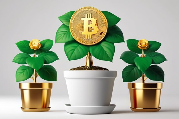 Foto 3d pote de planta com flor de moeda de ouro bitcoin em fundo branco agricultura bitcoin