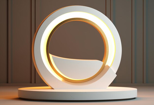3D-Präsentationspodest, ein geschnitztes Metallregal mit einer ovalen weißen Blume im minimalistischen Bühnenstil