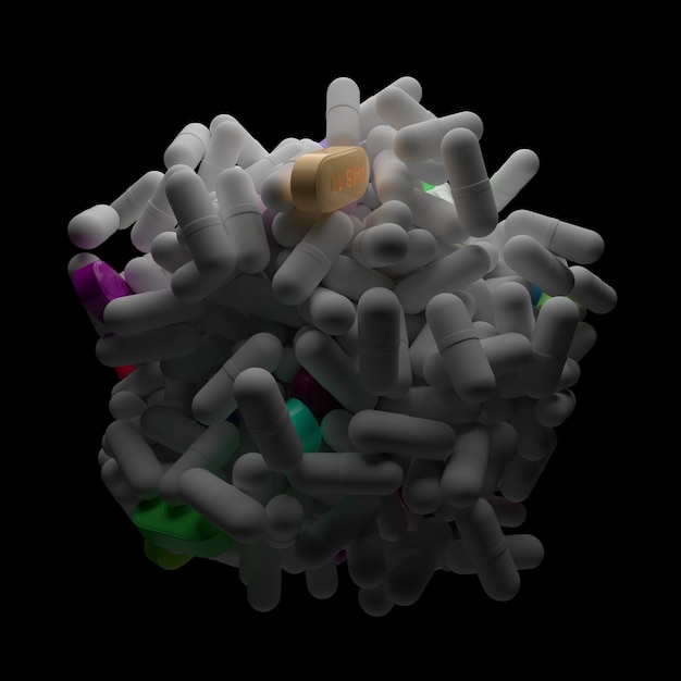 3d prestados antecedentes médicos. Muchas píldoras forman una forma abstracta. Pastillas y cápsulas al azar.