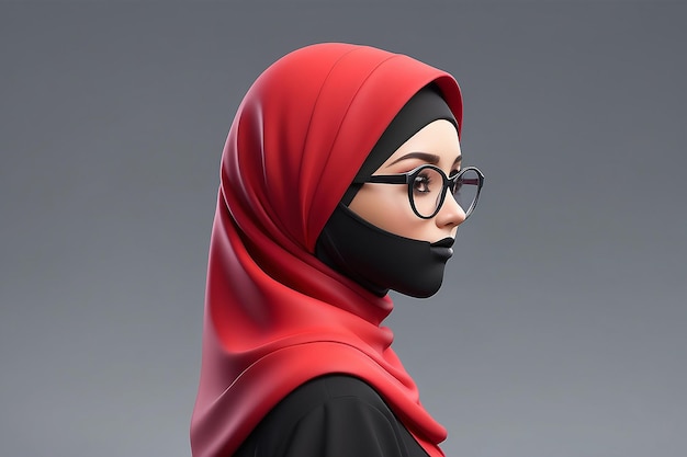 3D-Profilfigur von Mädchen mit roter Kleidung, schwarzem Hijab und Brille