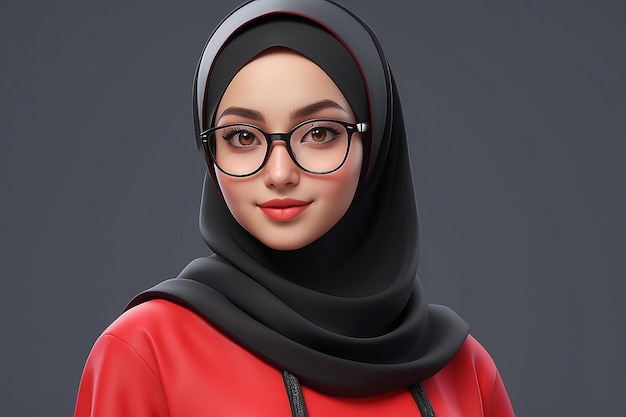 3D-Profilfigur von Mädchen mit roter Kleidung, schwarzem Hijab und Brille