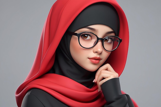 3D-Profilfigur von Mädchen mit roter Kleidung, schwarzem Hijab und Brille