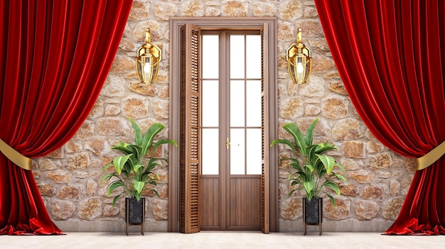 3d de puerta de madera cerrada con cortinas rojas