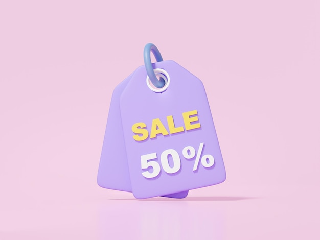 3D Púrpura precio etiqueta icono descuento promoción venta 50 porcentaje sobre fondo rosa 3d render ilustración