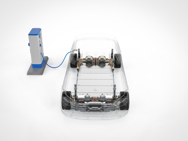 3d que hace transparente el coche eléctrico o el vehículo eléctrico enchufable con estación de recarga