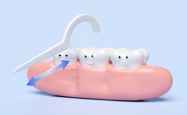 3d que muestra dientes limpiando los residuos alimenticios con palillo de dientes hilo dental aislado en fondo azul 3d render ilustración ruta de recorte