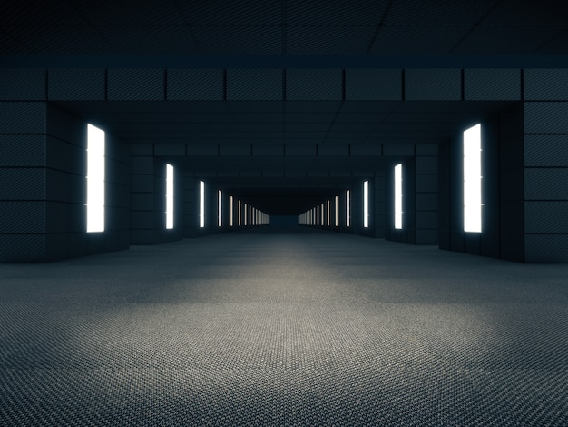 Foto 3d que rende o corredor escuro longo