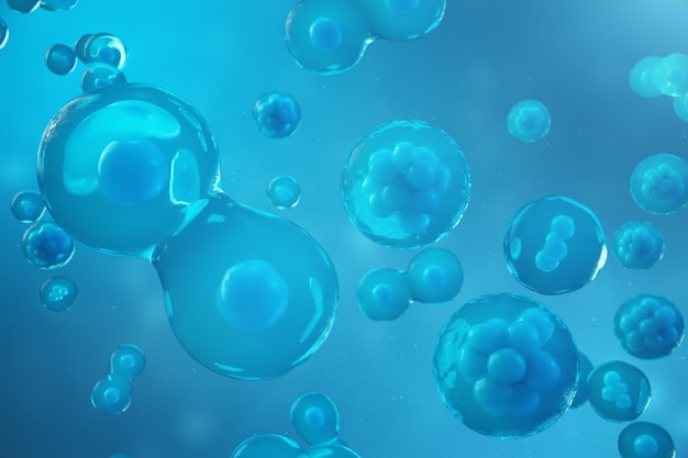 3D que rende pilhas humanas ou animais no fundo azul. Conceito Embrião em estágio inicial Conceito científico de medicina, pesquisa e tratamento com células-tronco.
