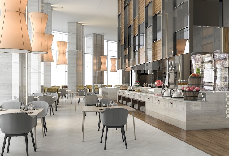 Foto 3d que rinde buen restaurante con una decoración elegante