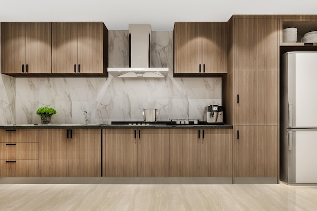 3d que rinde la cocina mínima blanca con la decoración de madera