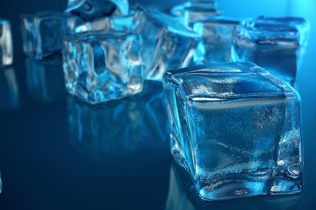 3D que rinde el cubo de hielo en fondo azul del tinte. Cubo de agua congelada