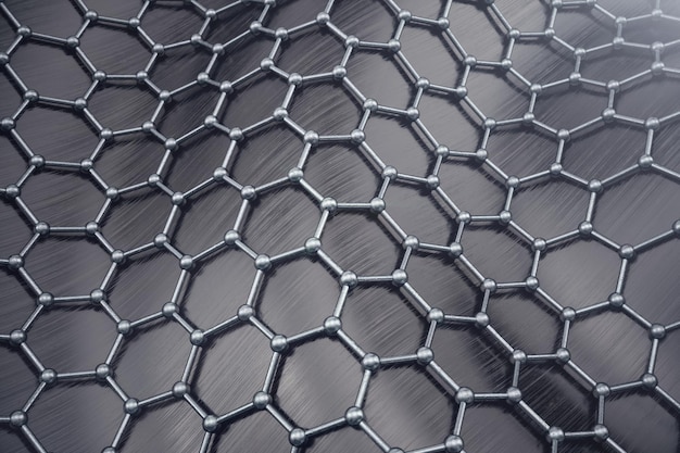 3D que rinde el primer abstracto de la forma geométrica hexagonal de la nanotecnología. Concepto de estructura atómica de grafeno, estructura de carbono.