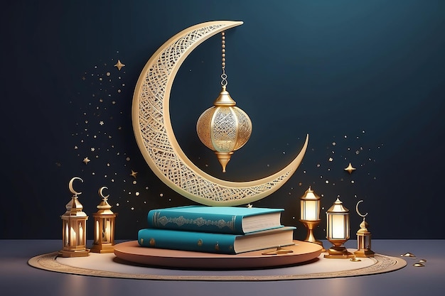 3d Ramadan Abend Konzept Szene Design Halbmond Dekor auf dem Podium mit Koran Buch Rosenkranz und Polyeder Formen angezeigt